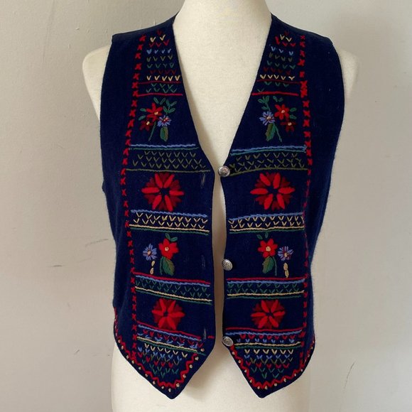 Vintage Embroidered Folk Art Vest Navy Blue Wool Button Up Vest - Picture 5 of 14